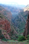 Looking down from below the Supai Tunnel, you can see how the trail switchbacks down Roaring Springs Canyon.