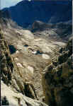 Looking 3,000' down a steep gully from the summit ridge.